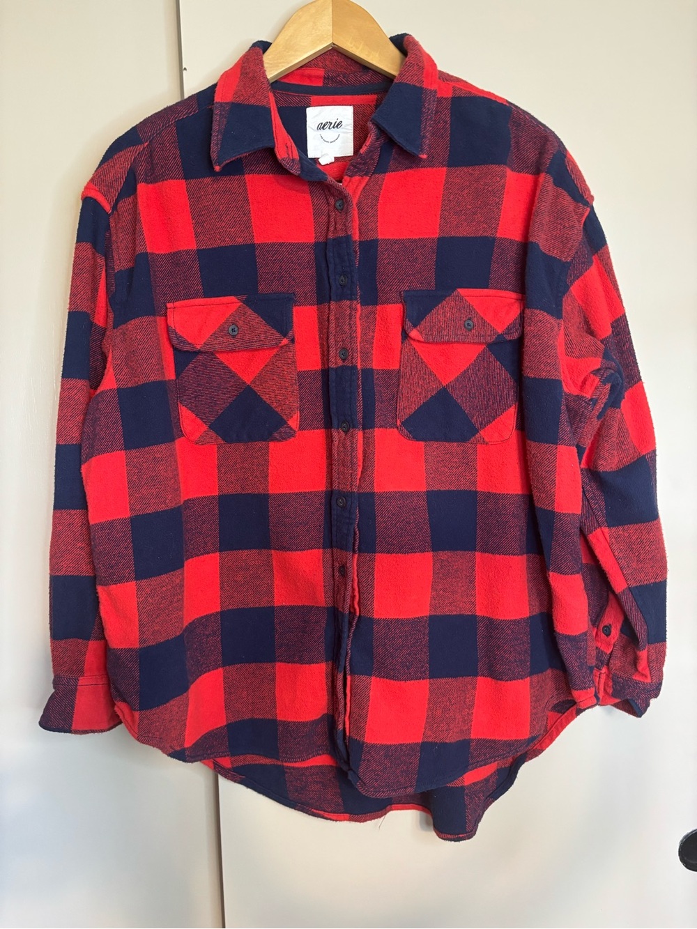 aerie Red & Navy Check Button-Down Heavy Flannel Shirt, size small